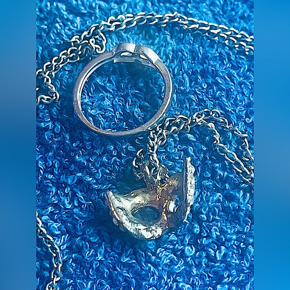 crystal masquerade set sterling silver ring size 8 1/2 & mask necklace vtg - Picture 4 of 4